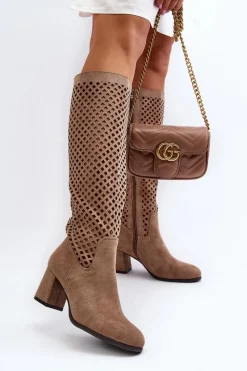 Ażurowe Kozaki Na Obcasie Zamszowe Beżowe Jolenna Damskie Kozaki Wiosenne|Kozaki Ażurowe