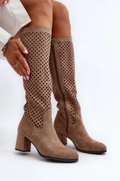 Ażurowe Kozaki Na Obcasie Zamszowe Beżowe Jolenna Damskie Kozaki Wiosenne|Kozaki Ażurowe