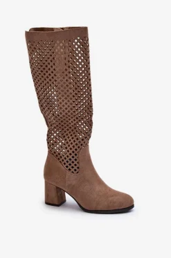 Ażurowe Kozaki Na Obcasie Zamszowe Beżowe Jolenna Damskie Kozaki Wiosenne|Kozaki Ażurowe