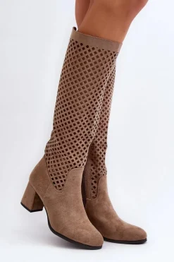 Ażurowe Kozaki Na Obcasie Zamszowe Beżowe Jolenna Damskie Kozaki Wiosenne|Kozaki Ażurowe