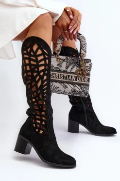 Kozaki Wiosenne|Kozaki Ażurowe>Boto Ażurowe Kozaki Na Obcasie Czarne Pinkema