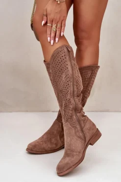 Outlet Ażurowe Kozaki Na Płaskim Obcasie Brązowe S.Barski HY42-150 Damskie Kozaki Wiosenne|Kozaki Ażurowe