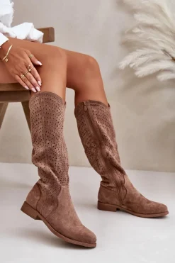 Outlet Ażurowe Kozaki Na Płaskim Obcasie Brązowe S.Barski HY42-150 Damskie Kozaki Wiosenne|Kozaki Ażurowe