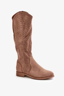 Outlet Ażurowe Kozaki Na Płaskim Obcasie Brązowe S.Barski HY42-150 Damskie Kozaki Wiosenne|Kozaki Ażurowe