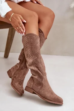 Outlet Ażurowe Kozaki Na Płaskim Obcasie Brązowe S.Barski HY42-150 Damskie Kozaki Wiosenne|Kozaki Ażurowe