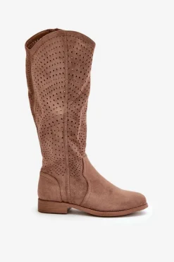 Outlet Ażurowe Kozaki Na Płaskim Obcasie Brązowe S.Barski HY42-150 Damskie Kozaki Wiosenne|Kozaki Ażurowe