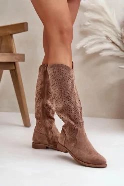 Outlet Ażurowe Kozaki Na Płaskim Obcasie Brązowe S.Barski HY42-150 Damskie Kozaki Wiosenne|Kozaki Ażurowe