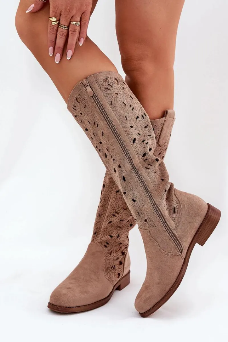 Online Ażurowe Kozaki Na Płaskim Obcasie HY51-176 Beżowe Damskie Kozaki Wiosenne|Kozaki Ażurowe