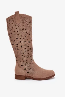 Online Ażurowe Kozaki Na Płaskim Obcasie HY51-176 Beżowe Damskie Kozaki Wiosenne|Kozaki Ażurowe