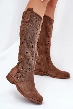 Clearance Damskie buty S.Barski Ażurowe Kozaki Na Płaskim Obcasie HY51-176 Brązowe