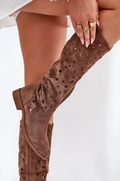 Clearance Damskie buty S.Barski Ażurowe Kozaki Na Płaskim Obcasie HY51-176 Brązowe