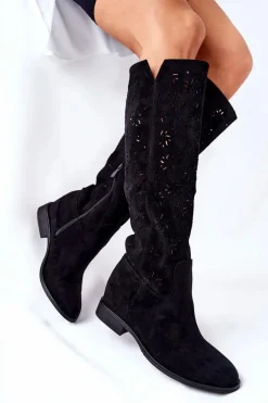 Kozaki Wiosenne|Kozaki Ażurowe>Boto Ażurowe Kozaki Na Ukrytym Koturnie Czarne Lara