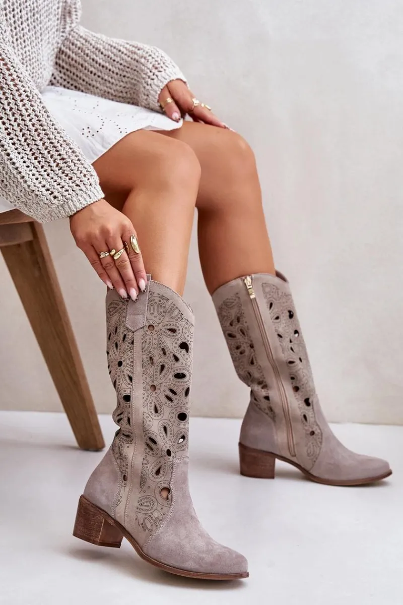 Kozaki Ażurowe|Kozaki Na Obcasie>Boto Ażurowe Kozaki Zamszowe Lewski Shoes 3170 Cappucino