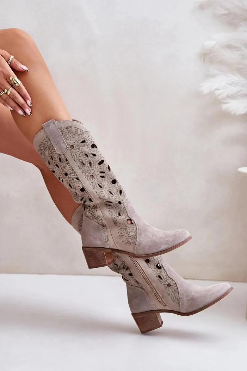 Kozaki Ażurowe|Kozaki Na Obcasie>Boto Ażurowe Kozaki Zamszowe Lewski Shoes 3170 Cappucino