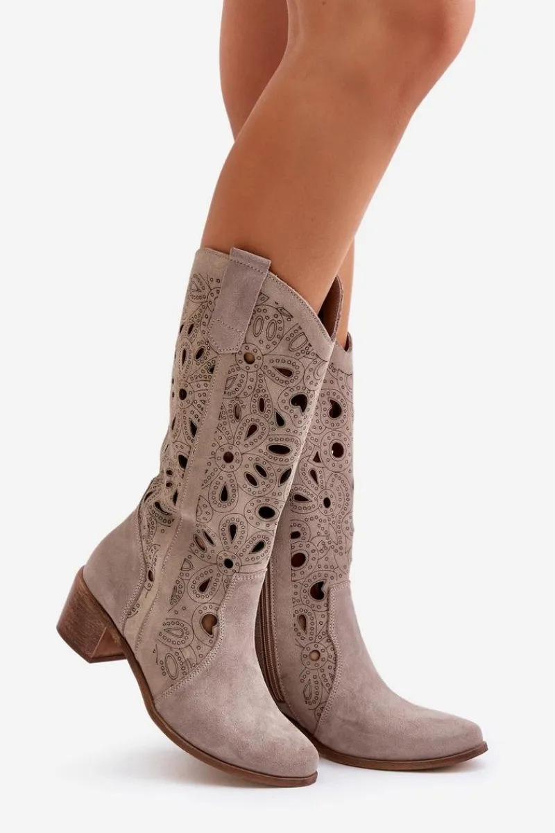 Kozaki Ażurowe|Kozaki Na Obcasie>Boto Ażurowe Kozaki Zamszowe Lewski Shoes 3170 Cappucino