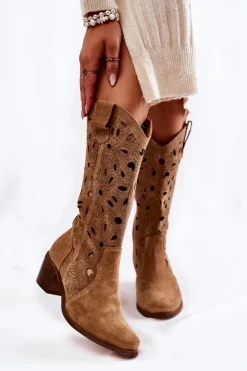 Best Ażurowe Kozaki Zamszowe Lewski Shoes 3170 Beżowe Damskie Kozaki Ażurowe|Kozaki Przed Kolano