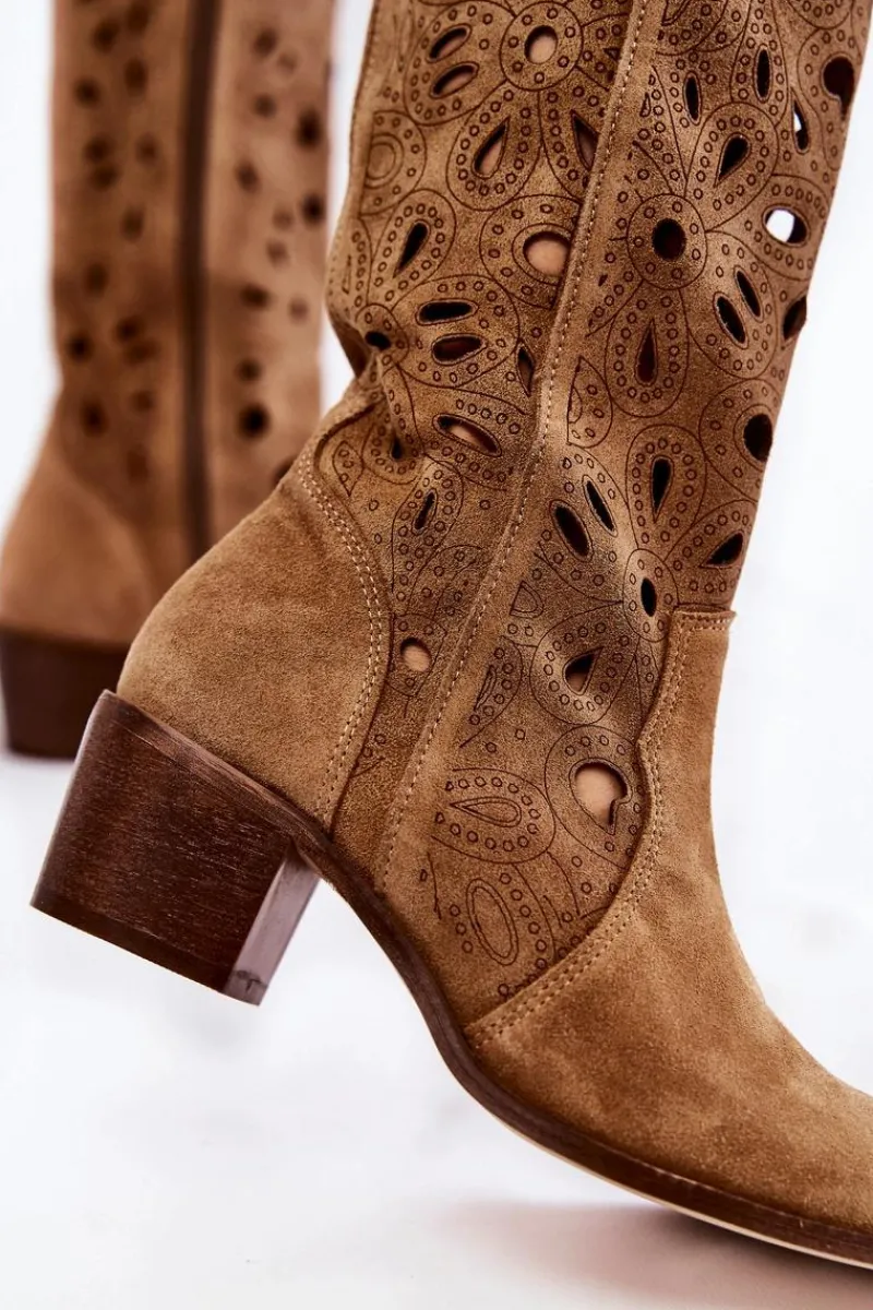 Best Ażurowe Kozaki Zamszowe Lewski Shoes 3170 Beżowe Damskie Kozaki Ażurowe|Kozaki Przed Kolano