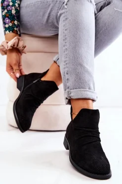 Ażurowe Marszczone Botki Czarne Cynthia Damskie Czarne Botki|Botki Płaskie