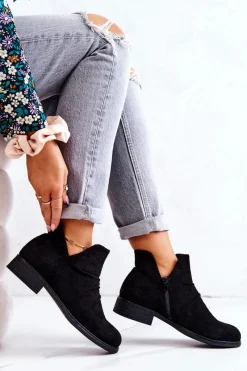 Ażurowe Marszczone Botki Czarne Cynthia Damskie Czarne Botki|Botki Płaskie