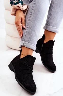 Ażurowe Marszczone Botki Czarne Cynthia Damskie Czarne Botki|Botki Płaskie