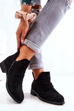 Ażurowe Marszczone Botki Czarne Cynthia Damskie Czarne Botki|Botki Płaskie