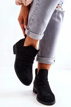 Ażurowe Marszczone Botki Czarne Cynthia Damskie Czarne Botki|Botki Płaskie