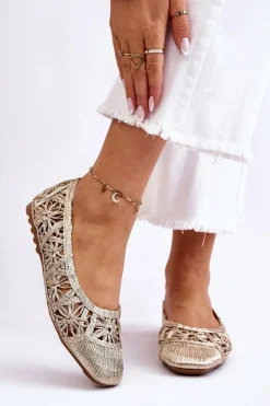 Online Ażurowe Modne Baleriny Złote Thiago Damskie Baleriny Klasyczne