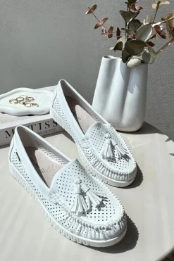 Best Ażurowe Mokasyny Damskie Z Eko Skóry Białe Tinami Damskie Loafersy Damskie|Mokasyny Damskie Skórzane