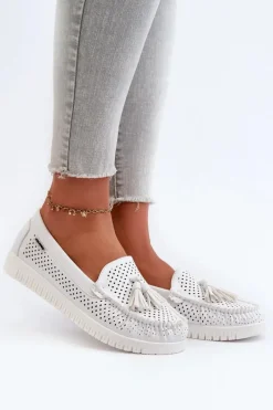 Best Ażurowe Mokasyny Damskie Z Eko Skóry Białe Tinami Damskie Loafersy Damskie|Mokasyny Damskie Skórzane