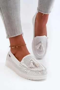 Best Ażurowe Mokasyny Damskie Z Eko Skóry Białe Tinami Damskie Loafersy Damskie|Mokasyny Damskie Skórzane