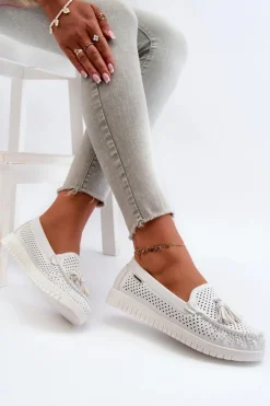 Best Ażurowe Mokasyny Damskie Z Eko Skóry Białe Tinami Damskie Loafersy Damskie|Mokasyny Damskie Skórzane