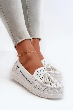 Best Ażurowe Mokasyny Damskie Z Eko Skóry Białe Tinami Damskie Loafersy Damskie|Mokasyny Damskie Skórzane