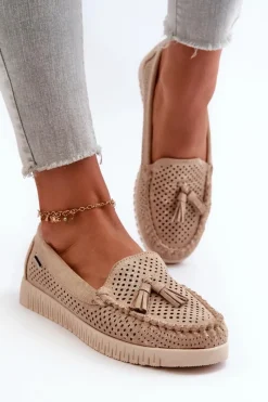 Hot Ażurowe Mokasyny Damskie Z Eko Zamszu Złote Tinami Damskie Loafersy Damskie|Mokasyny Damskie Skórzane