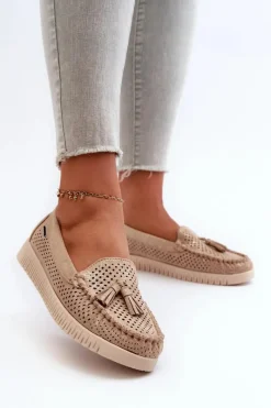 Hot Ażurowe Mokasyny Damskie Z Eko Zamszu Złote Tinami Damskie Loafersy Damskie|Mokasyny Damskie Skórzane