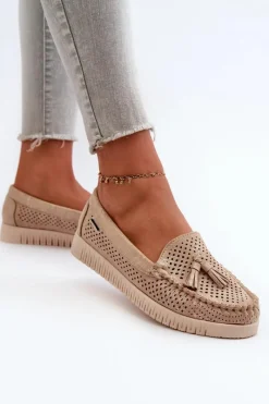 Hot Ażurowe Mokasyny Damskie Z Eko Zamszu Złote Tinami Damskie Loafersy Damskie|Mokasyny Damskie Skórzane