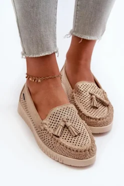 Hot Ażurowe Mokasyny Damskie Z Eko Zamszu Złote Tinami Damskie Loafersy Damskie|Mokasyny Damskie Skórzane