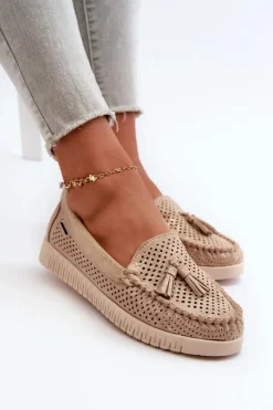 Hot Ażurowe Mokasyny Damskie Z Eko Zamszu Złote Tinami Damskie Loafersy Damskie|Mokasyny Damskie Skórzane