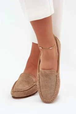 Outlet Boto Ażurowe Mokasyny Damskie Z Eko Zamszu Brązowe Amrutia