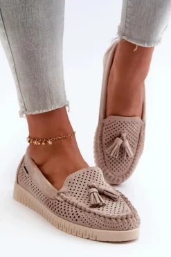 Loafersy Damskie|Mokasyny Damskie Skórzane>Boto Ażurowe Mokasyny Damskie Z Eko Zamszu Beżowe Tinami