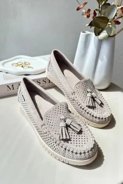 Loafersy Damskie|Mokasyny Damskie Skórzane>Boto Ażurowe Mokasyny Damskie Z Eko Zamszu Beżowe Tinami