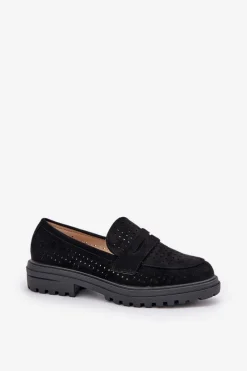 Discount Ażurowe Mokasyny Na Płaskim Obcasie Czarne Inestelle Damskie Mokasyny Damskie Zamszowe