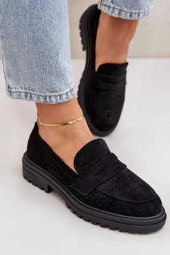 Discount Ażurowe Mokasyny Na Płaskim Obcasie Czarne Inestelle Damskie Mokasyny Damskie Zamszowe
