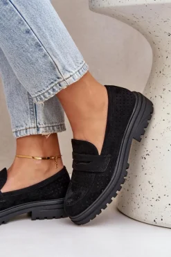 Discount Ażurowe Mokasyny Na Płaskim Obcasie Czarne Inestelle Damskie Mokasyny Damskie Zamszowe