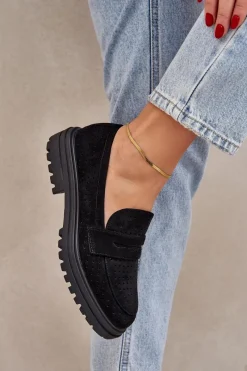 Discount Ażurowe Mokasyny Na Płaskim Obcasie Czarne Inestelle Damskie Mokasyny Damskie Zamszowe