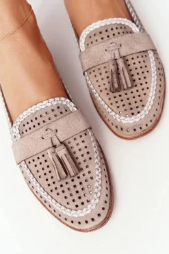 Clearance Ażurowe Mokasyny Sergio Leone MK735 Beżowe Damskie Mokasyny Damskie Zamszowe