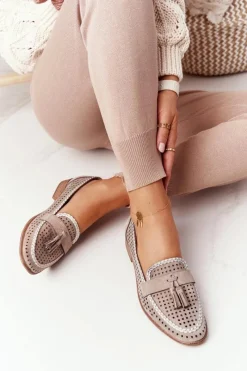 Clearance Ażurowe Mokasyny Sergio Leone MK735 Beżowe Damskie Mokasyny Damskie Zamszowe