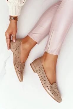 Outlet Buty Sergio Leone Ażurowe Mokasyny Sergio Leone BL627 Beżowe Połyskujące