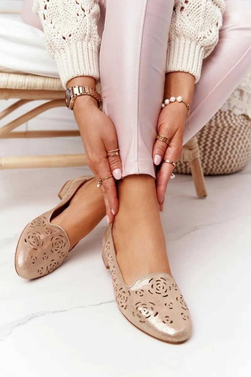 Outlet Buty Sergio Leone Ażurowe Mokasyny Sergio Leone BL627 Beżowe Połyskujące