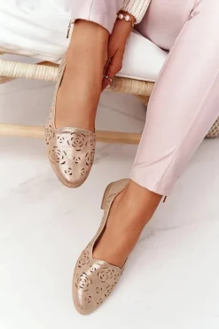 Outlet Buty Sergio Leone Ażurowe Mokasyny Sergio Leone BL627 Beżowe Połyskujące