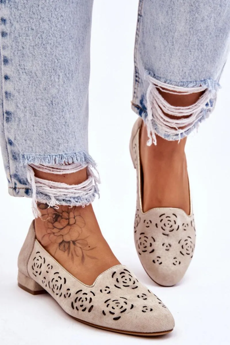 Mokasyny Damskie Zamszowe|Baleriny Klasyczne>Buty Sergio Leone Ażurowe Mokasyny Sergio Leone BL627 Beżowe